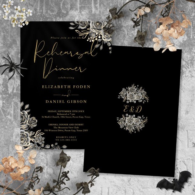 Gothic Floral Svart Och Guld Övningsmiddag Inbjudningar (Gothic Floral Black And Gold Rehearsal Dinner Invitation)