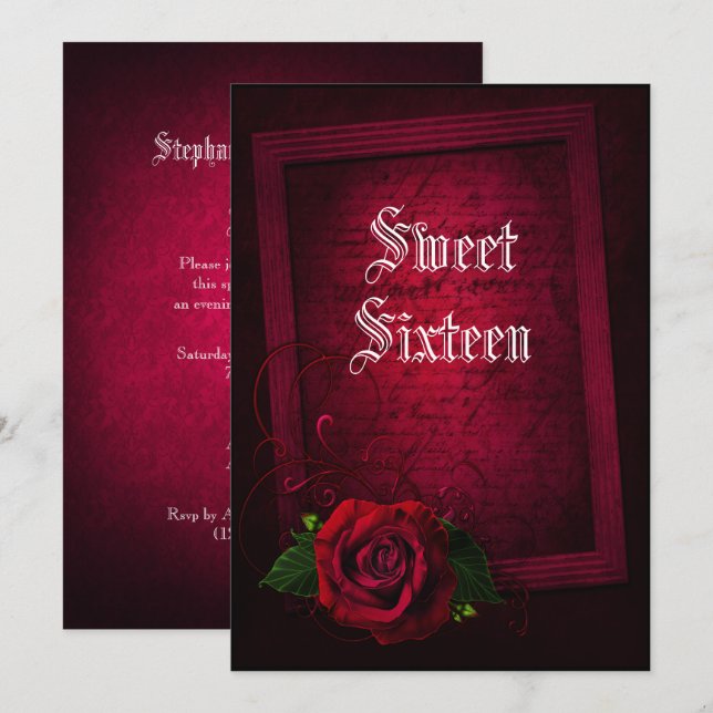 Gothic Framed Brev & Röd ros Sweet 16 Inbjudningar (Fram/baksida)