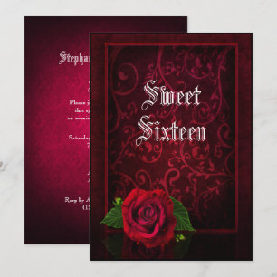 Gothic Framed Damask & Röd ros Sweet 16 Inbjudningar