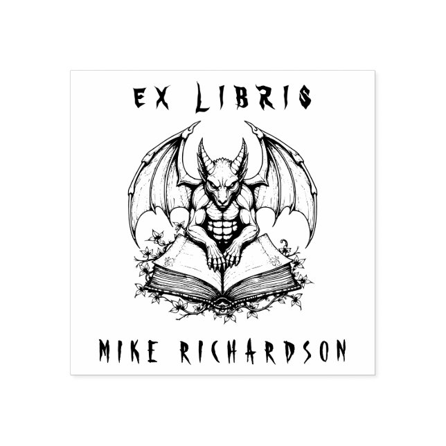 Gothic Gargoyle Guarding Bok Horror Ex Libris Stämpel (Tryck)