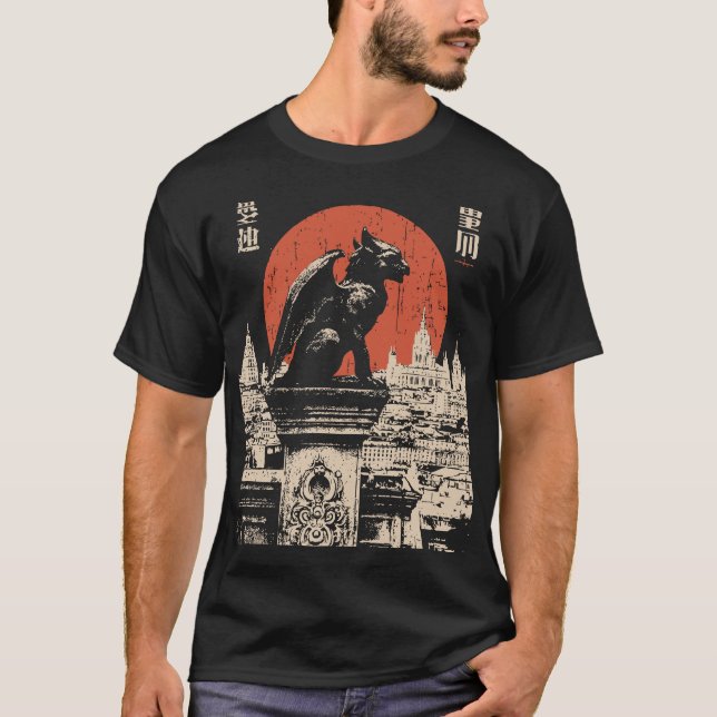 Gothic Gargoyle Red Måne japansk urban Fantasy T Shirt (Framsida)