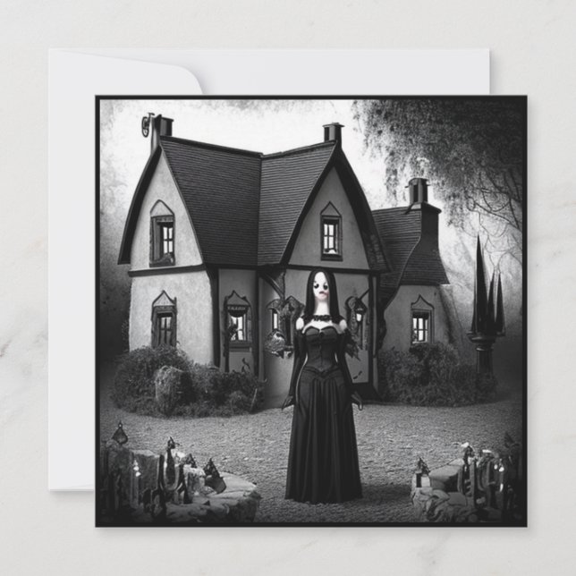 Gothic Girl and Haunted House Halloween Inbjudningar (Framsida)