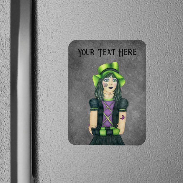 Gothic Girl Grönt Hat Tattoos Handskar på Grått Magnet (Gothic Girl green hat moon spiderweb tattoos on dark grey flexible magnet.)