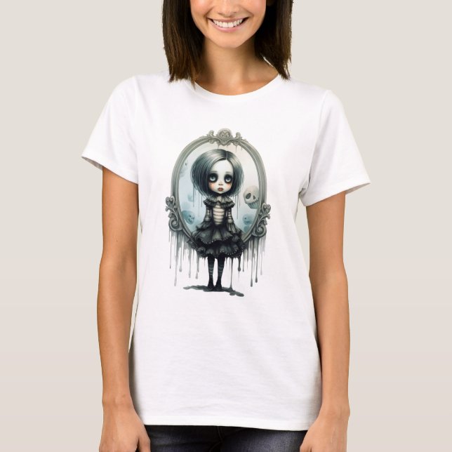 Gothic Girl i Victorian Spegel Halloween T Shirt (Framsida)