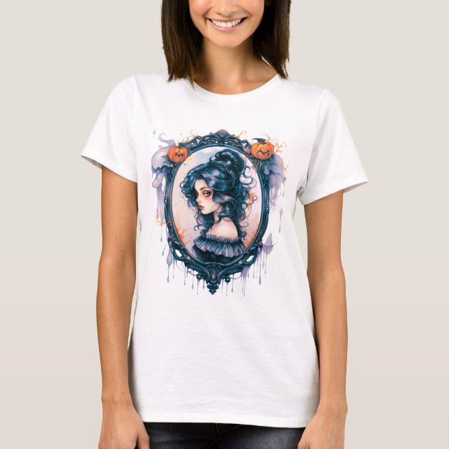 Gothic Girl i Victorian Spegel Halloween T Shirt (Framsida)
