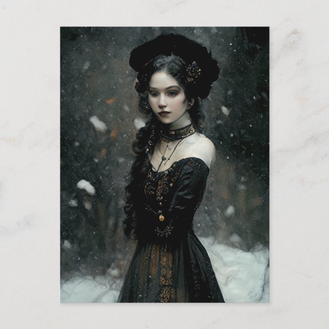 Gothic Girl in winter. Snowing. Vykort (Framsida)