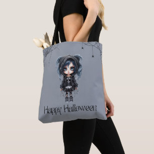 Gothic Girl med Spindelnät och Spiders Halloween Tygkasse
