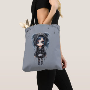 Gothic Girl med Spindelnät och Spiders Halloween Tygkasse
