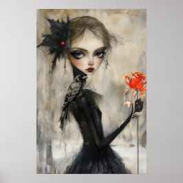 Gothic Girl Raven Röd ros Poster