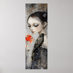 Gothic Girl Raven Röd ros Poster