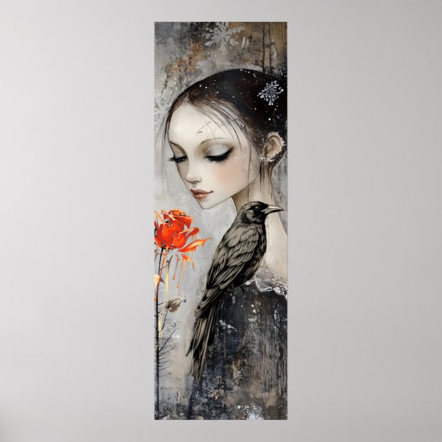 Gothic Girl Raven Röd ros Poster (Framsidan)
