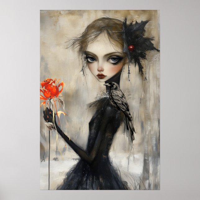 Gothic Girl Raven Röd ros Poster (Framsidan)