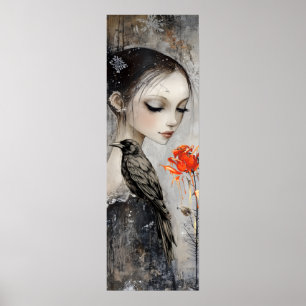 Gothic Girl Raven Röd ros Poster