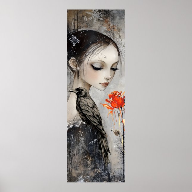 Gothic Girl Raven Röd ros Poster (Framsidan)