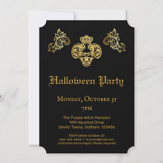  Gothic Glam Black & Guld Skull Halloween fest Inbjudningar (Framsida)