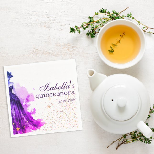 Gothic Glam Quince lila klänning Pappersservett ( These are napkins intended for a Quinceañera, designed with a Gothic Glam aesthetic.)
