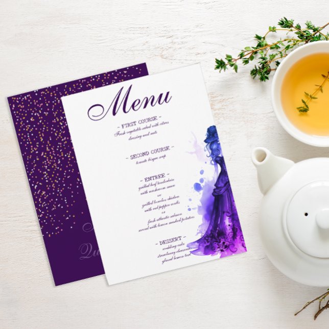 Gothic Glam Quince lila Meny Quinceañera (Gothic Glam Quince purple menu for a Quinceañera celebration. )