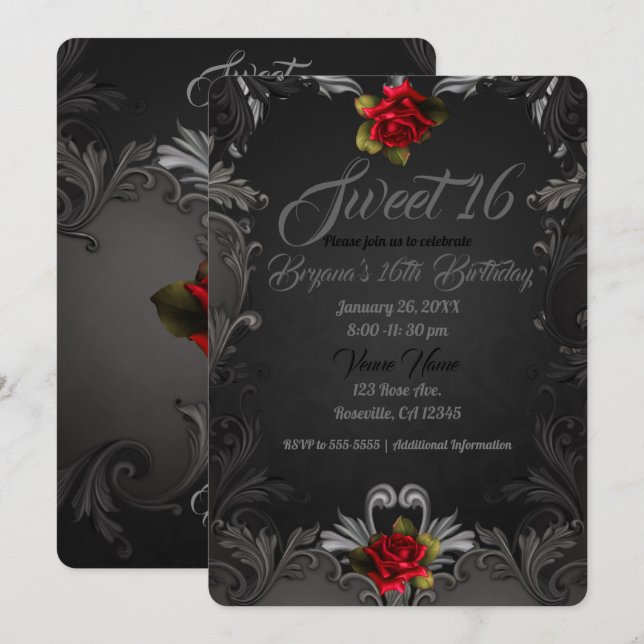 Gothic Glamor Röd ros Black Ornamental Sweet 16 Inbjudningar (Fram/baksida)