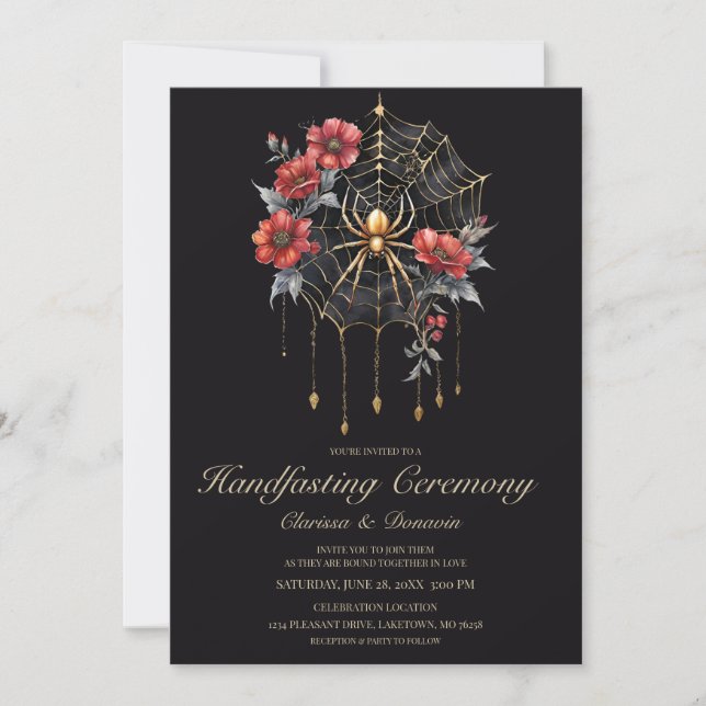 Gothic Gold & Red Spider Floral Web Handfasting Inbjudningar (Framsida)