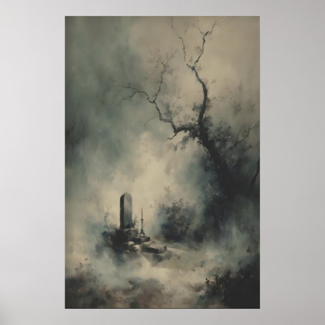 Gothic Grave Under Foggy Trees Dark Halloween Poster (Framsidan)