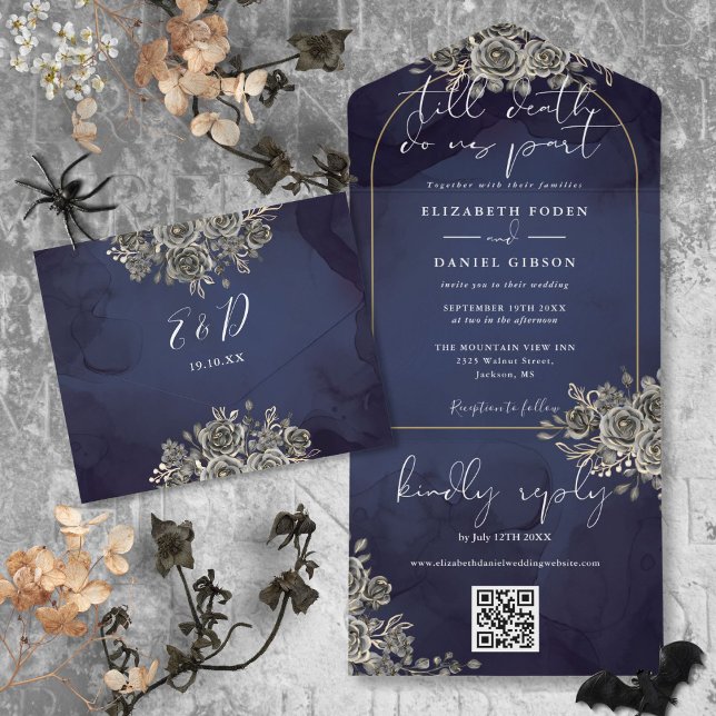 Gothic Guld Båge Svarta Rosor QR-kod Bröllop (Gothic Gold Arch Black Roses QR Code Wedding All In One Invitation)