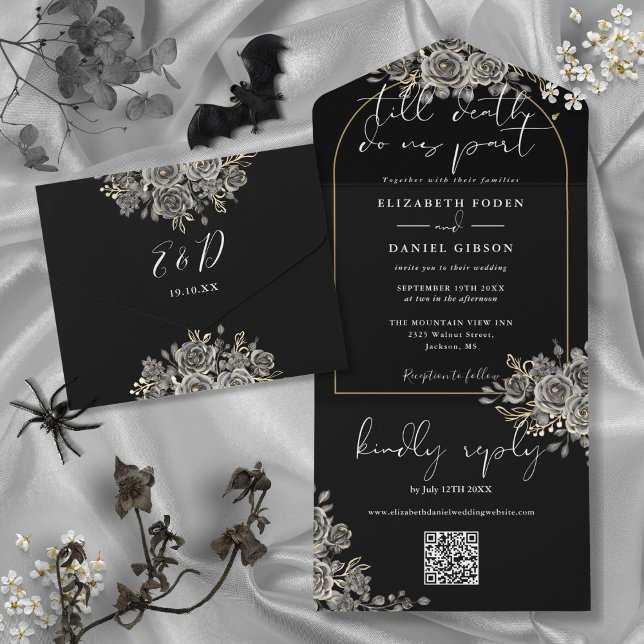 Gothic Guld Båge Svarta Rosor QR-kod Bröllop (Gothic Gold Arch Black Roses QR Code Wedding All In One Invitation)
