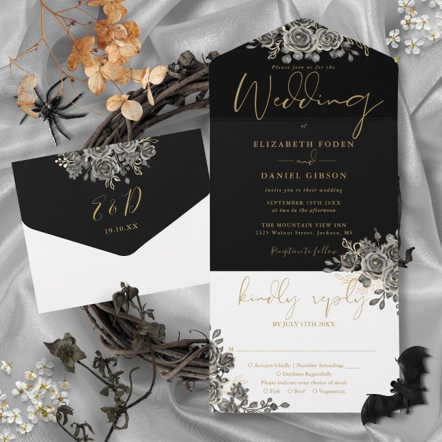 Gothic guld och svarta rosor Blommig bröllopsfest (Gothic Gold And Black Roses Floral Wedding All In One Invitation)