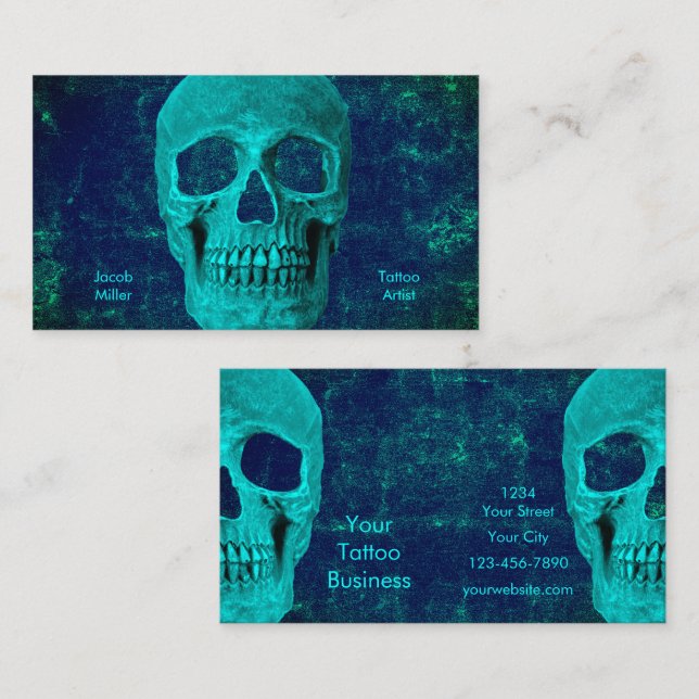 Gothic Halal Skull Teal Blue Struktur Tatto Shop Visitkort (Fram/baksida)