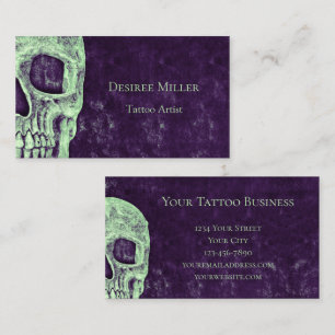 Gothic Halfal Skull Lila Grönt Tattoo Artist Visitkort