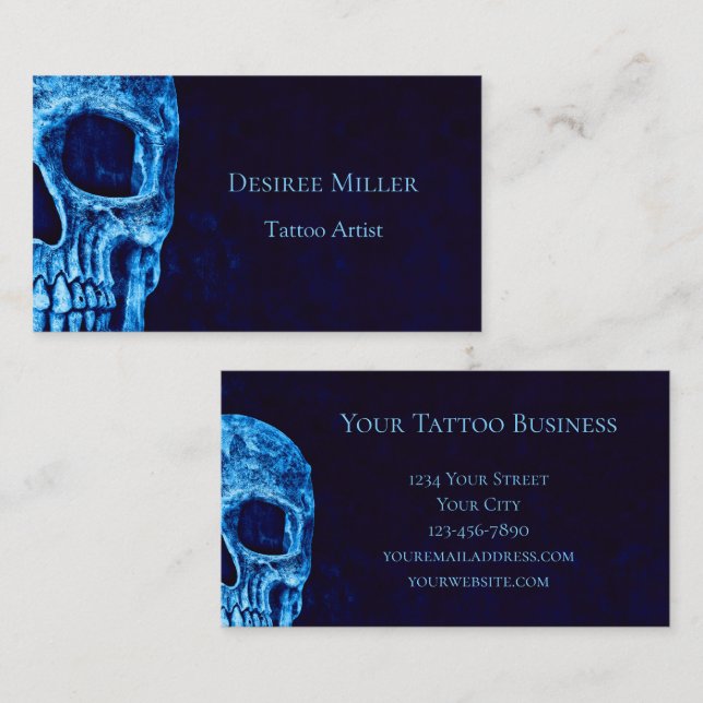 Gothic Halfal Skull Navy Blue Tattoo Artist Visitkort (Fram/baksida)