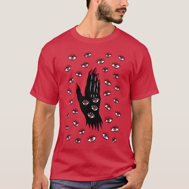 Gothic Halloween Art - Black Hand Spooky Ögon T Shirt (Framsida)
