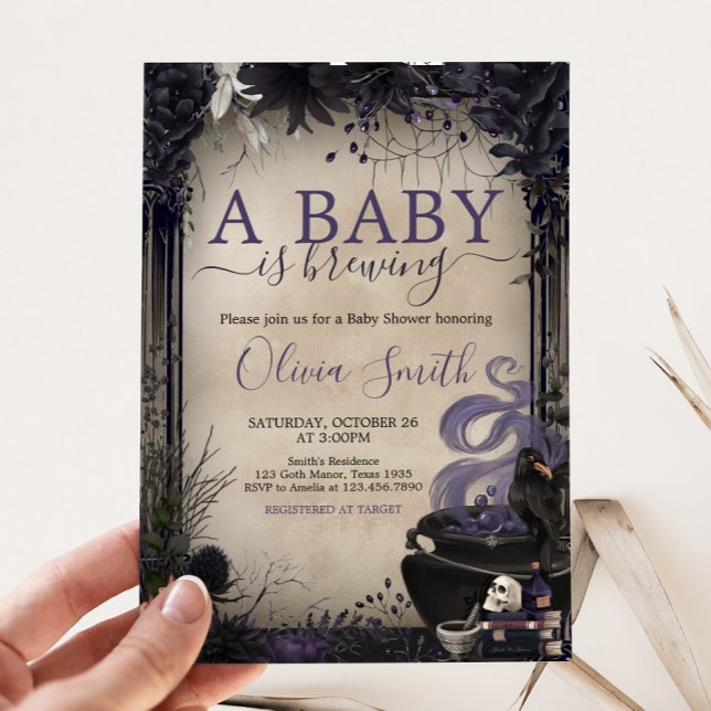 Gothic Halloween Baby håller på att andas babyskor Inbjudningar (A Baby is Brewing Baby Shower Invitation
)