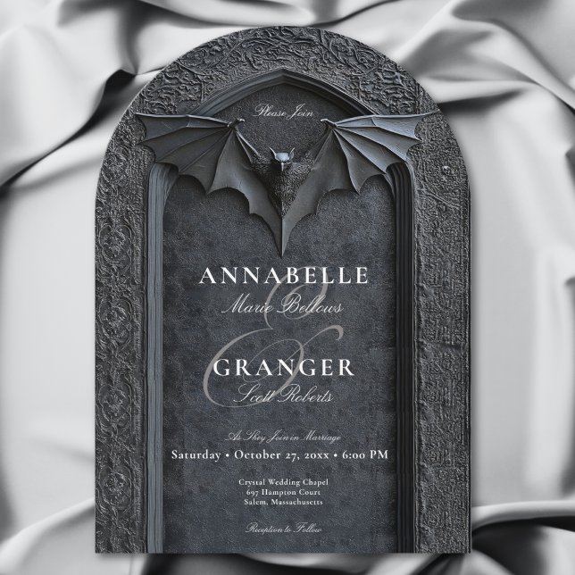 Gothic Halloween Black Fladdermus & Arch Bröllop Inbjudningar (Gothic Halloween Black Bat & Arch Wedding Invitation)