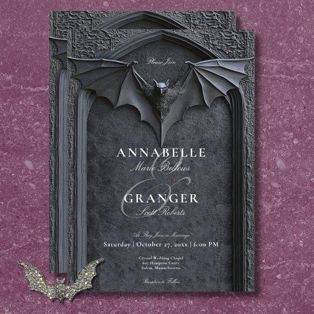 Gothic Halloween Black Fladdermus & Arch Bröllop Inbjudningar (Gothic Halloween Black Bat & Arch Wedding Invitation)