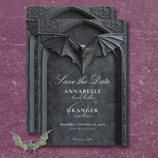 Gothic Halloween Black Fladdermus & Arch Bröllop Spara Datumet (Gothic Halloween Black Bat & Arch Wedding Save The Date)