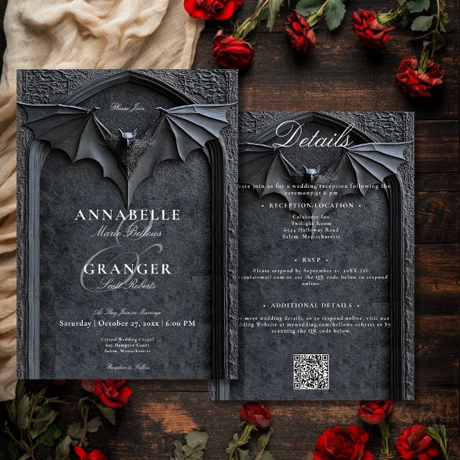 Gothic Halloween Black Fladdermus & Arch Two Side  Inbjudningar (Gothic Halloween Black Bat & Arch Two Side Details Invitation)