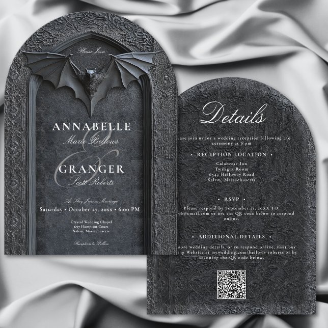 Gothic Halloween Black Fladdermus Arch Two Sided B Inbjudningar (Gothic Halloween Black Bat Arch Two Sided Wedding Invitation)