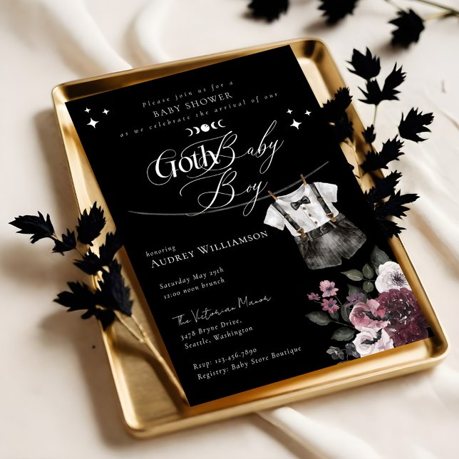 Gothic Halloween Black Formal Goth Boy Shower Inbjudningar (Gothic Halloween Black Formal Goth Boy Baby Shower Invitation (Front))