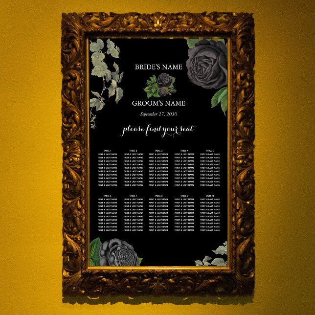 Gothic Halloween Black Ro Bröllop-sätesdiagram Poster (Gothic Halloween Black Roses Wedding Seating Chart)