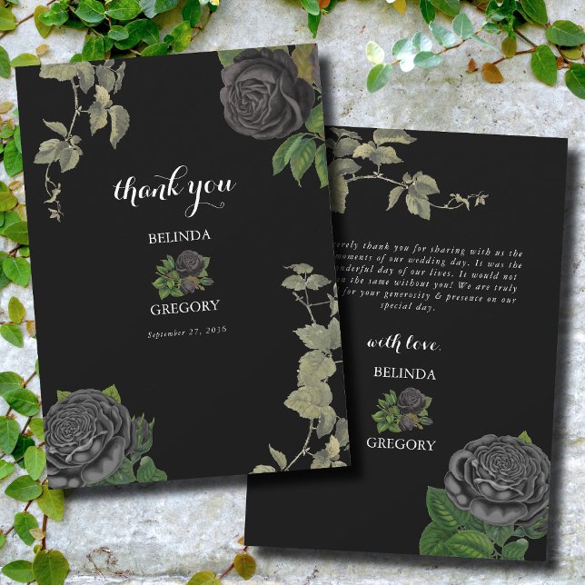 Gothic Halloween Black Ro Bröllop Tack Kort (Gothic Halloween Black Roses Wedding Thank You Card)