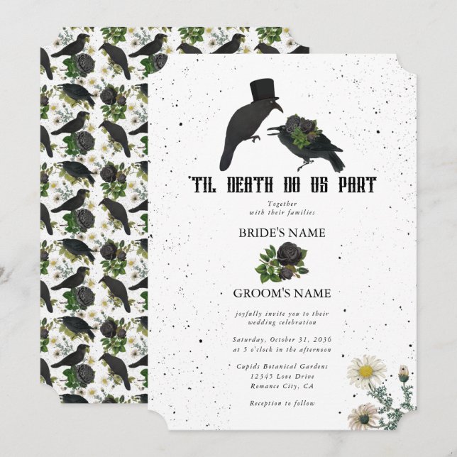 Gothic Halloween Black Ro Kråka Bröllop Inbjudningar (Fram/baksida)