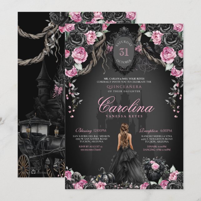Gothic Halloween Black Ro Rosa Quinceañera Inbjudningar (Fram/baksida)