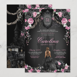 Gothic Halloween Black Ro Rosa Quinceañera Inbjudningar