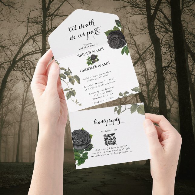 Gothic Halloween Black Ro White Bröllop (Gothic Halloween Black Roses White Wedding All In One Invitation)