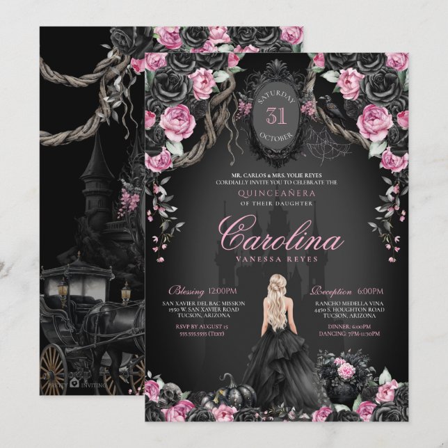 Gothic Halloween Black Rosa Princess Quinceanera Inbjudningar (Fram/baksida)