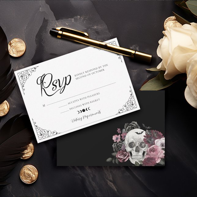 Gothic Halloween Bröllop Coffin Blommigt Skull OSA (Gothic Halloween Wedding Coffin Floral Skull RSVP)