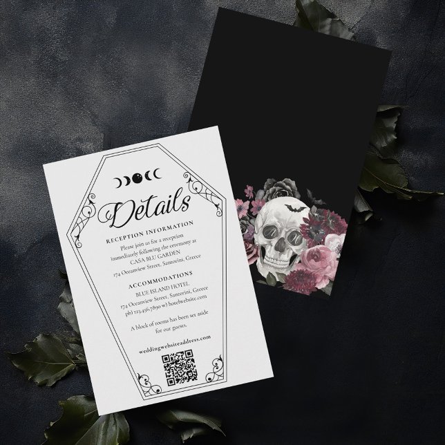 Gothic Halloween Bröllop Coffin & Blommigt Skull Tilläggskort (Gothic Halloween Wedding Coffin & Floral Skull Enclosure Card)