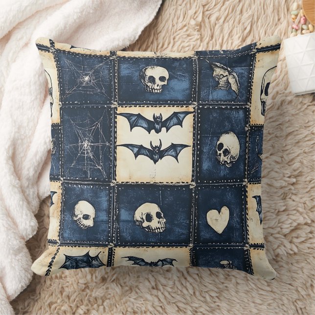 Gothic Halloween Denim Patchwork Mönster Kudde (Filt)