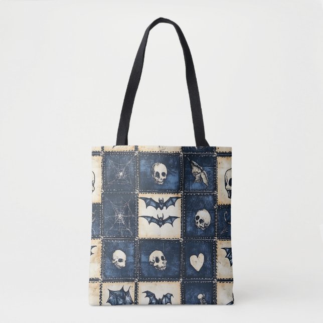 Gothic Halloween Denim Patchwork Mönster Tygkasse (Framsida)