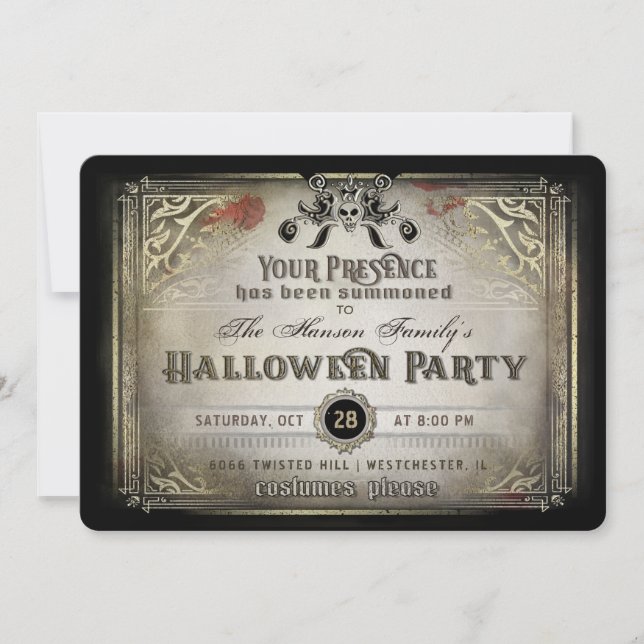 Gothic Halloween Elegance Party Black & Guld Skull Inbjudningar (Framsida)